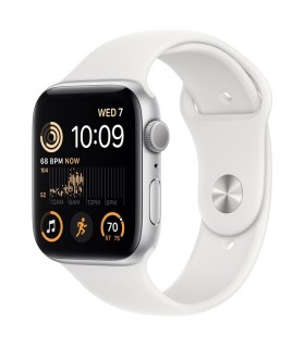 اپل واچ SE 2 سایز ۴۴ میلیمتر با بدنه آلومینیومی نقره‌ای و بند سیلیکونی سفید