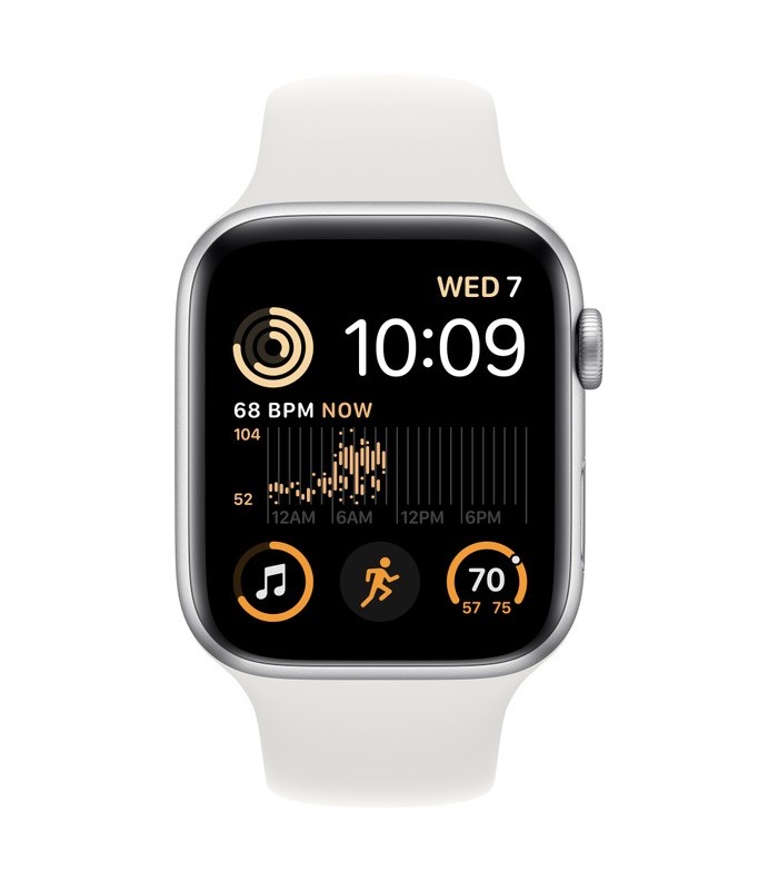 اپل واچ SE 2 سایز ۴۴ میلیمتر با بدنه آلومینیومی نقره‌ای و بند سیلیکونی سفید