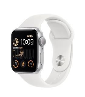 اپل واچ SE 2 سایز ۴۰ میلیمتر با بدنه آلومینیومی نقره‌ای و بند سیلیکونی سفید