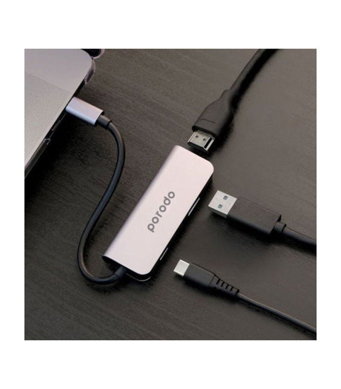 هاب ۳ پورت پورودو مدل Porodo 3 in 1 Aluminium USB-C Hub-خاکستری