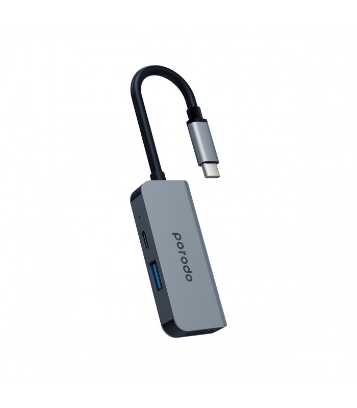 هاب ۳ پورت پورودو مدل Porodo 3 in 1 Aluminium USB-C Hub-خاکستری